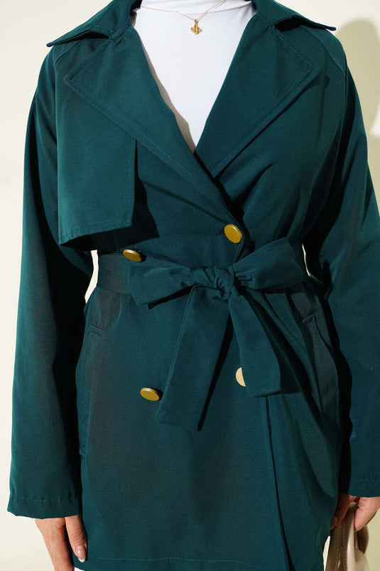 Tek Omuz Apoletli Düğmeli Trençkot Zümrüt