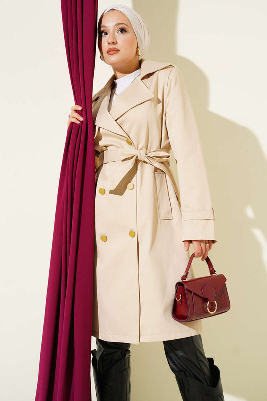 One Shoulder Epaulette Double Breasted Trench Coat Beige