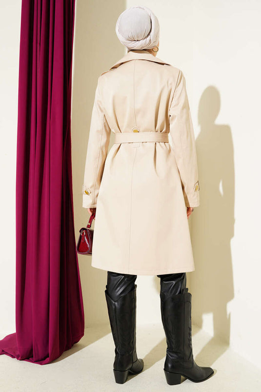 One Shoulder Epaulette Double Breasted Trench Coat Beige