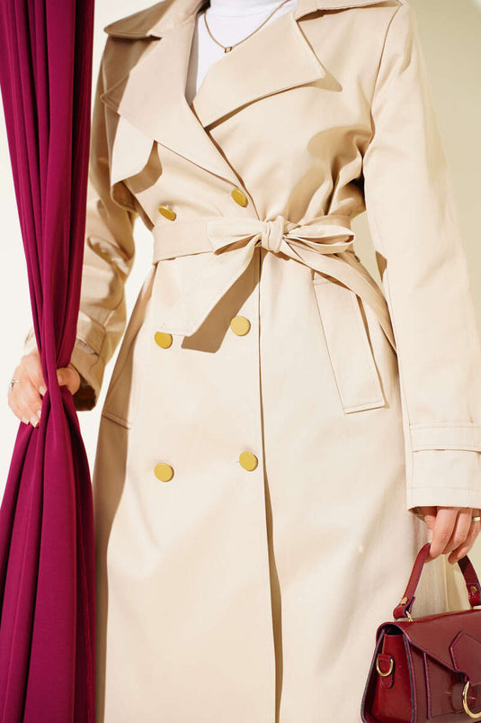 One Shoulder Epaulette Double Breasted Trench Coat Beige