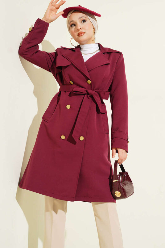 معطف ترنش بكتف واحد وصدر مزدوج، لون عنابي