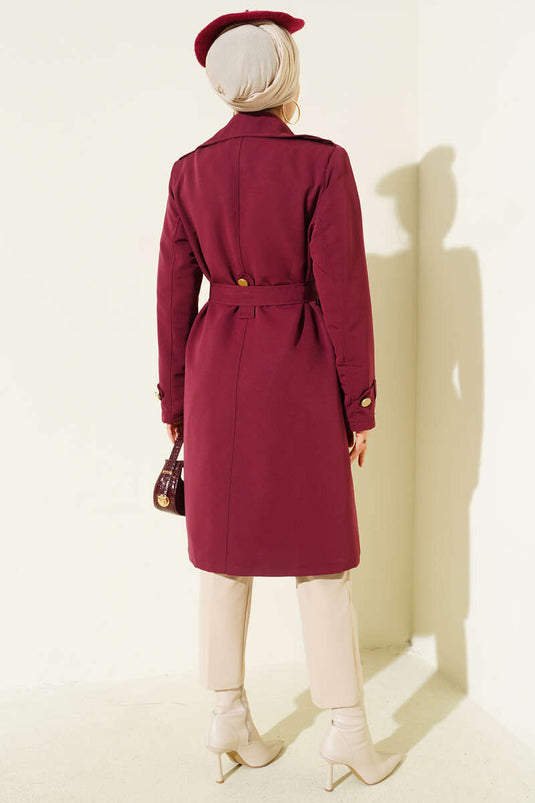 معطف ترنش بكتف واحد وصدر مزدوج، لون عنابي