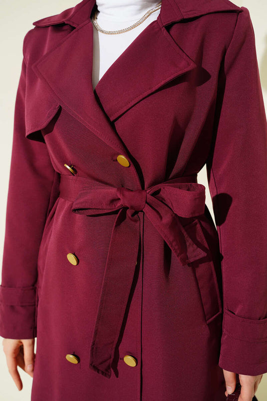 معطف ترنش بكتف واحد وصدر مزدوج، لون عنابي