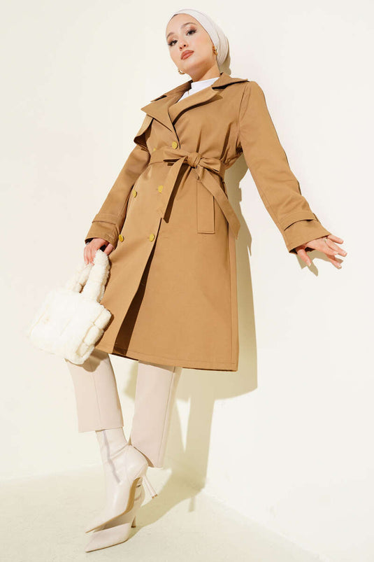 Single Shoulder Epaulette Double Breasted Trench Coat Camel