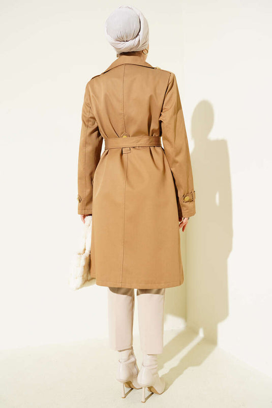 Single Shoulder Epaulette Double Breasted Trench Coat Camel