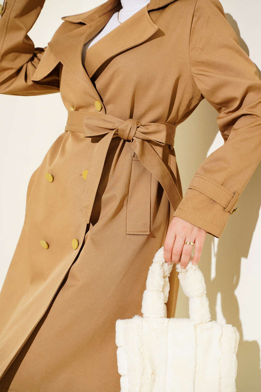 Single Shoulder Epaulette Double Breasted Trench Coat Camel