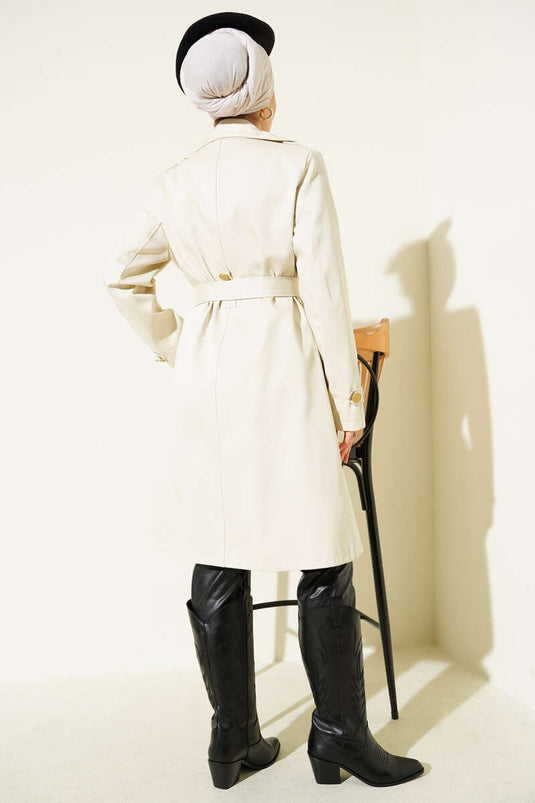 Single Shoulder Epaulette Double Breasted Trench Coat Ecru