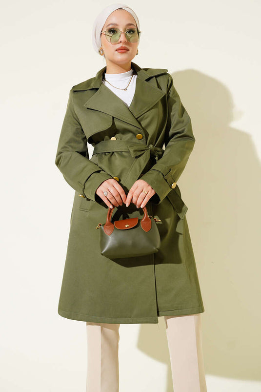One Shoulder Epaulette Double Breasted Trench Coat Khaki
