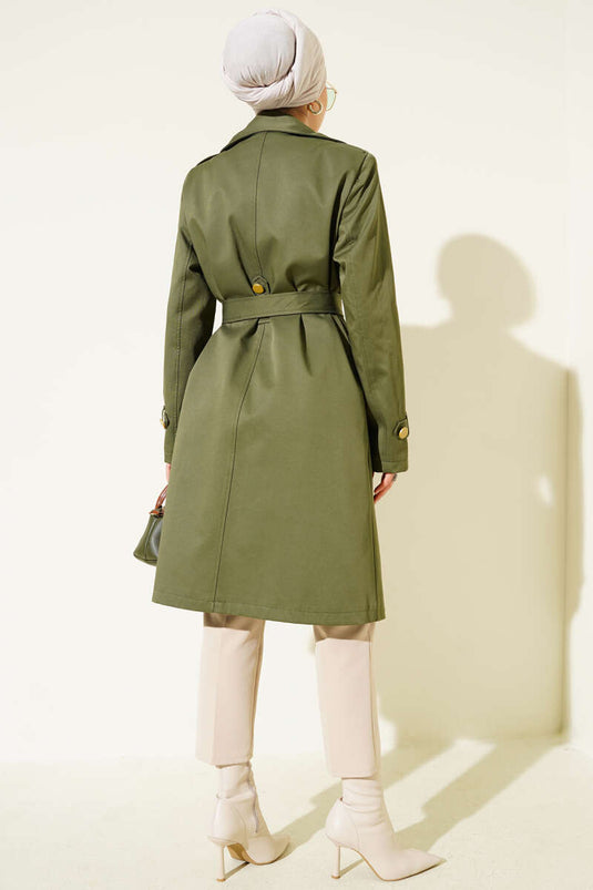 One Shoulder Epaulette Double Breasted Trench Coat Khaki