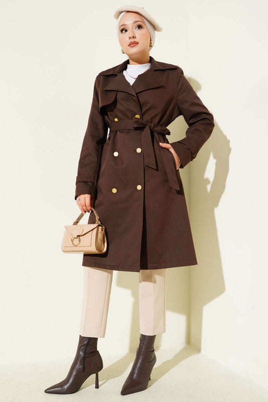 معطف ترنش بني بكتف واحد وصدر مزدوج