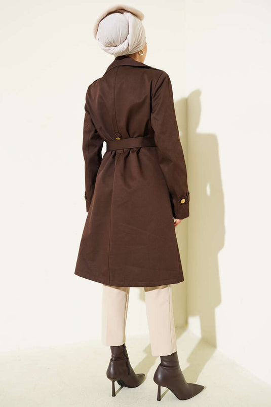 معطف ترنش بني بكتف واحد وصدر مزدوج