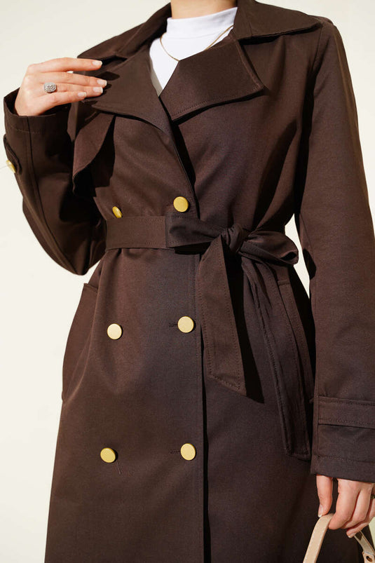 معطف ترنش بني بكتف واحد وصدر مزدوج