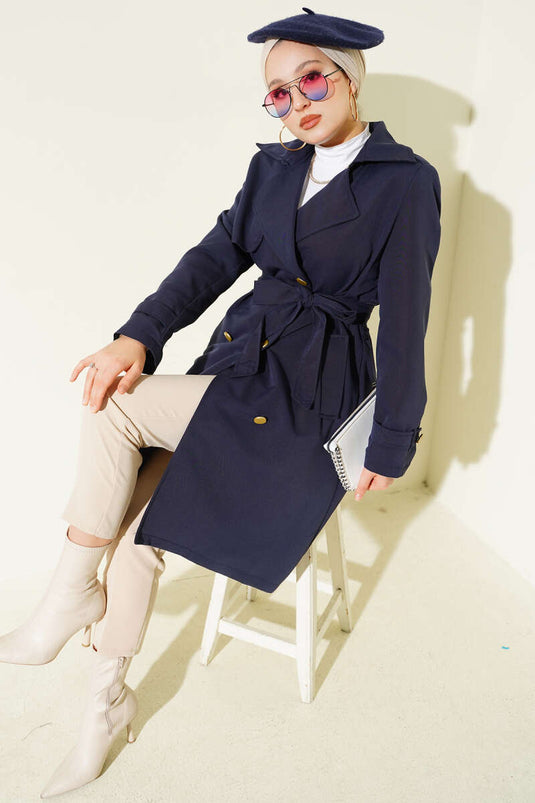 Tek Omuz Apoletli Kruvaze Trençkot Lacivert