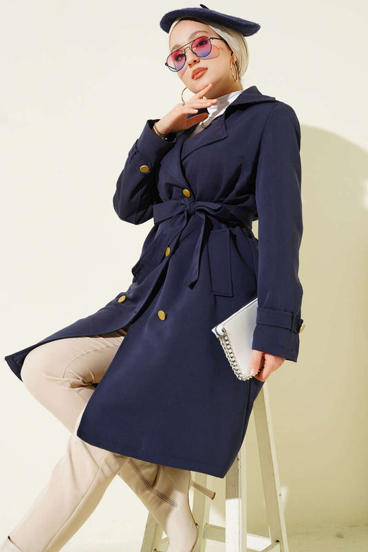 معطف ترنش بكتف واحد وصدر مزدوج أزرق داكن