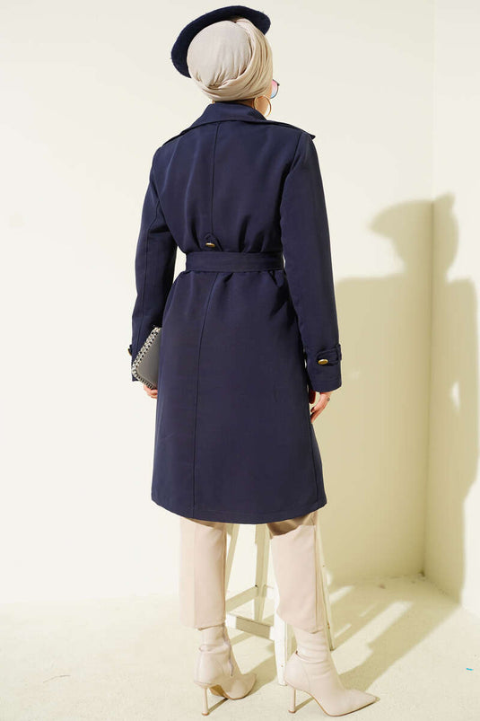 معطف ترنش بكتف واحد وصدر مزدوج أزرق داكن