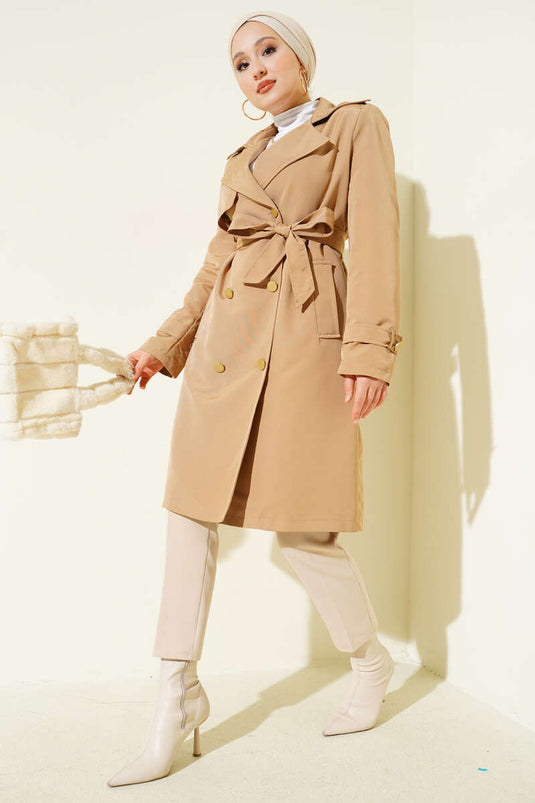 معطف ترنش مزدوج الصدر بكتف واحد وكتاف من لاتيه