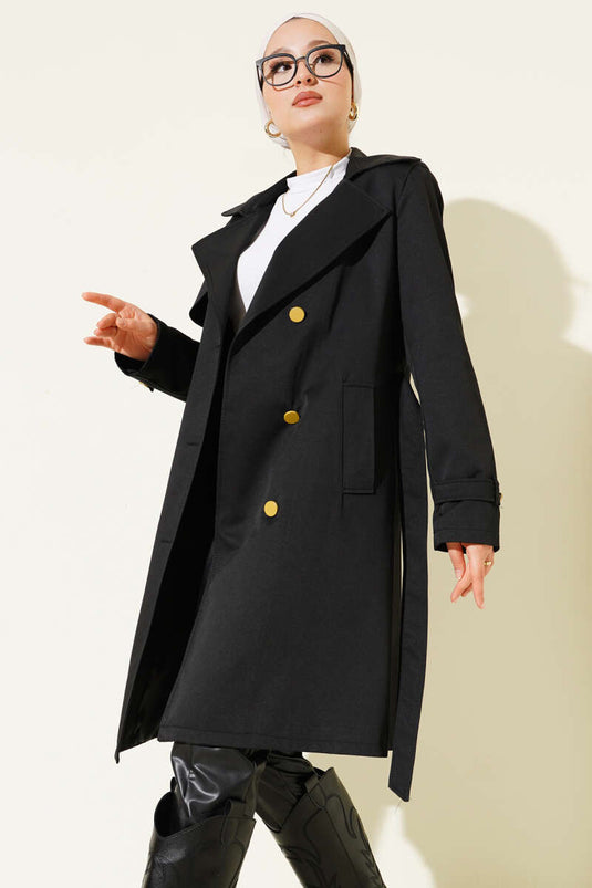 One Shoulder Epaulette Double Breasted Trench Coat Black