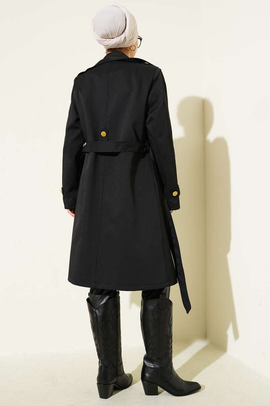 One Shoulder Epaulette Double Breasted Trench Coat Black