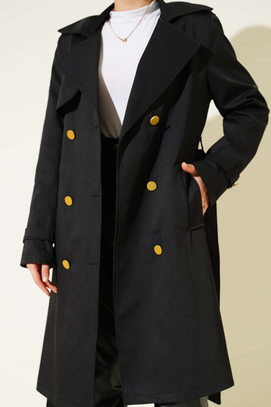 One Shoulder Epaulette Double Breasted Trench Coat Black