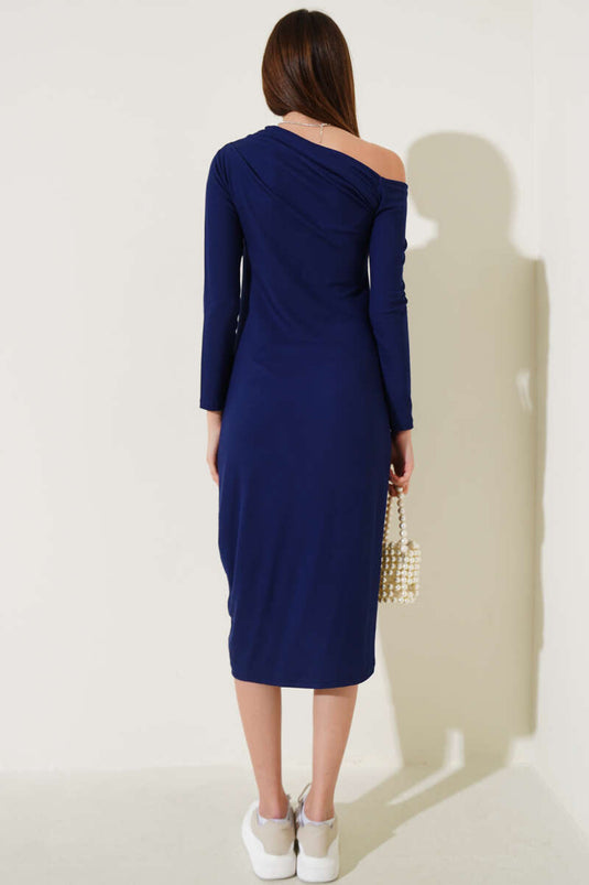 One Shoulder Basic Dress Navy Blue