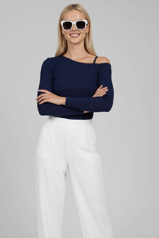 Blouse met één schouder en bandjes, marineblauw