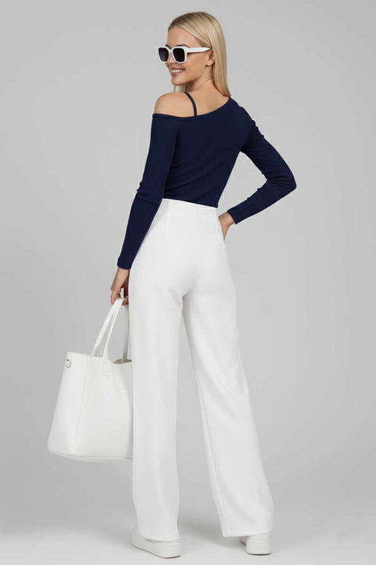 Blouse met één schouder en bandjes, marineblauw