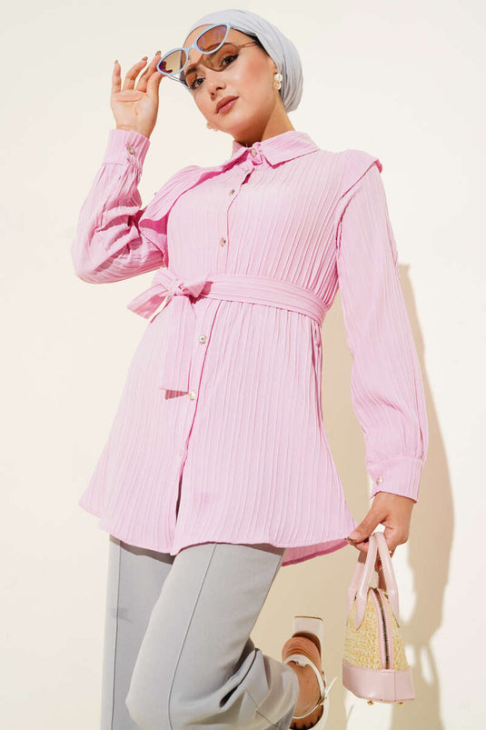 One Shoulder Cape Belted Shirt Pink