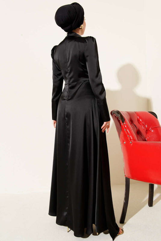 Tek Omuz Pelerinli Saten Abiye Siyah