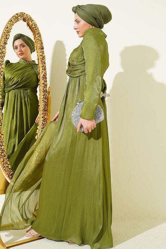 Single Shoulder Cape Embellished Evening Dress Khaki
