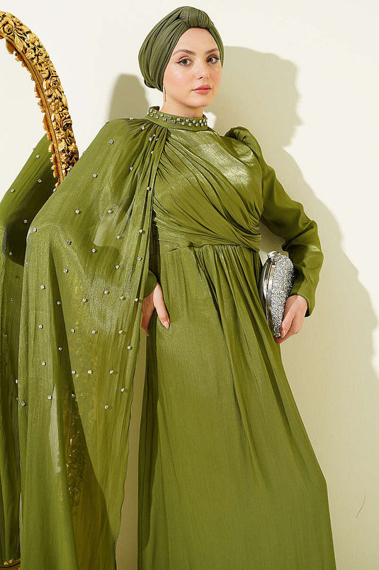 Single Shoulder Cape Embellished Evening Dress Khaki