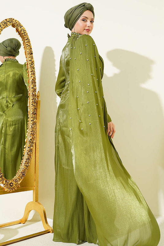 Single Shoulder Cape Embellished Evening Dress Khaki
