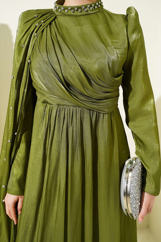 Single Shoulder Cape Embellished Evening Dress Khaki