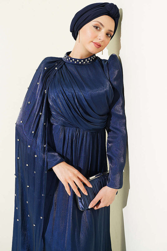 Single Shoulder Cape with Stones Evening Dress Navy Blue