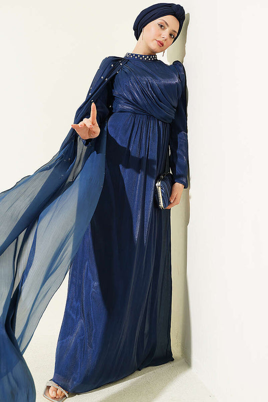 Single Shoulder Cape with Stones Evening Dress Navy Blue