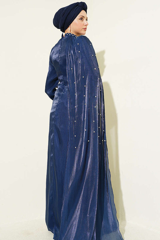 Single Shoulder Cape with Stones Evening Dress Navy Blue