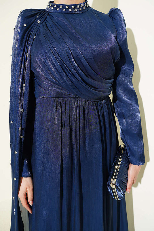 Single Shoulder Cape with Stones Evening Dress Navy Blue