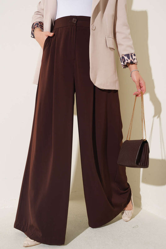 Solid Brown Pleated Palazzo Pants