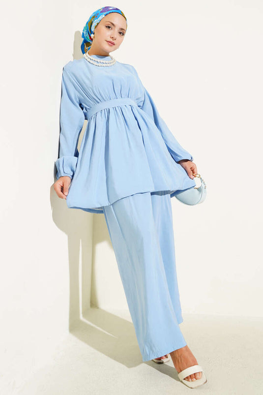 Tencel Elastic Waist Two Piece Set Blue