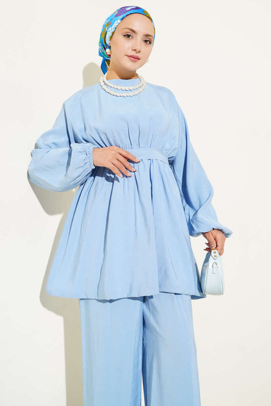 Tencel Elastic Waist Two Piece Set Blue