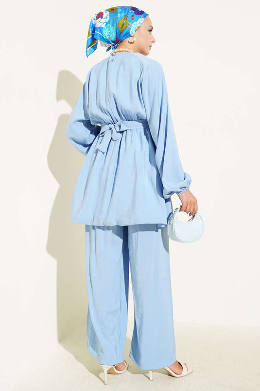 Tencel Elastic Waist Two Piece Set Blue