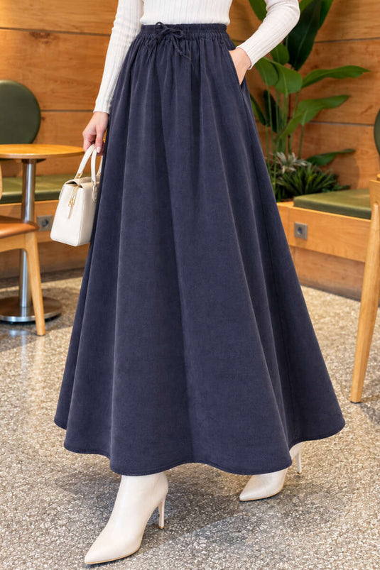Navy Blue Tencel Skirt With Pockets