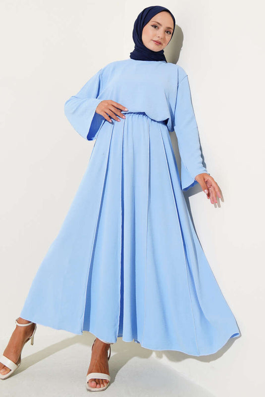 Two Piece Suit with Reverse Stitch Detail and Skirt in Blue