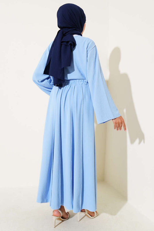 Two Piece Suit with Reverse Stitch Detail and Skirt in Blue