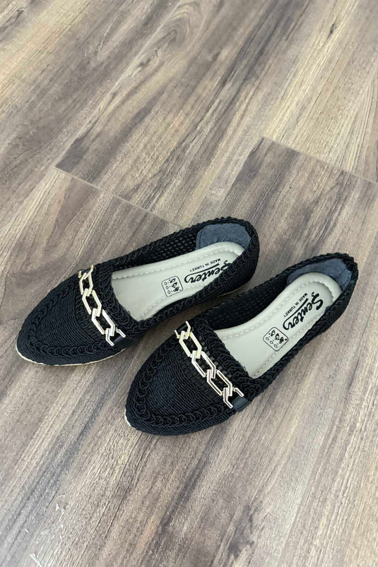 Buckle Detailed Straw Ballerinas Black