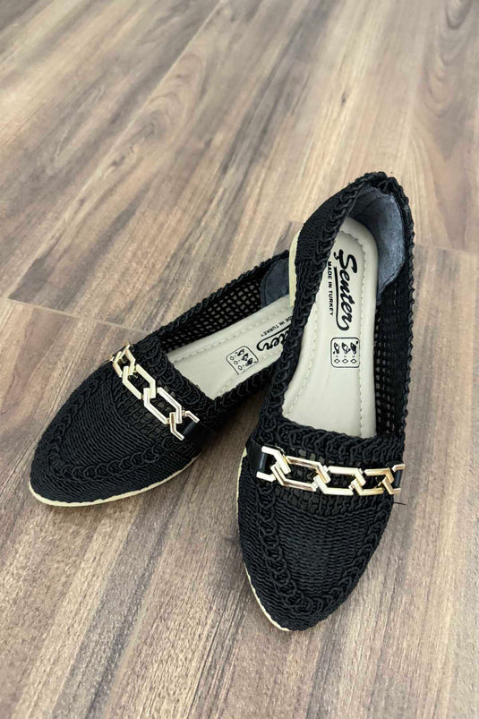 Buckle Detailed Straw Ballerinas Black