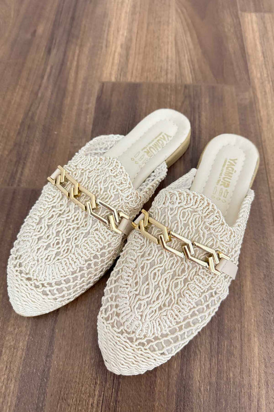 Chaussons En Paille Détail Boucle Crème