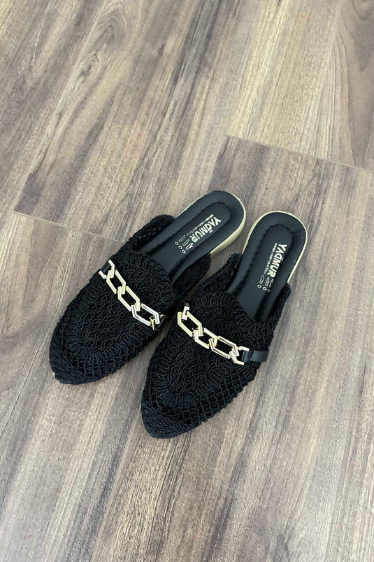 Chaussons En Paille Détail Boucle Noir