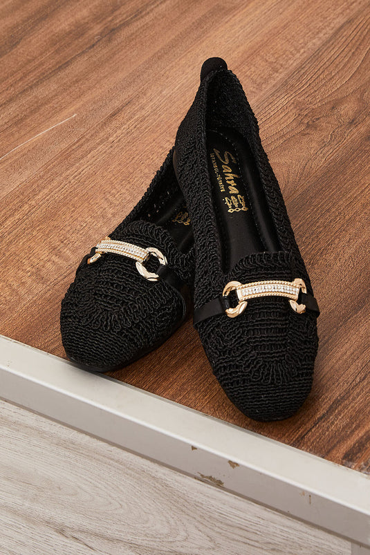 Buckle Detailed Knitted Ballerinas Black