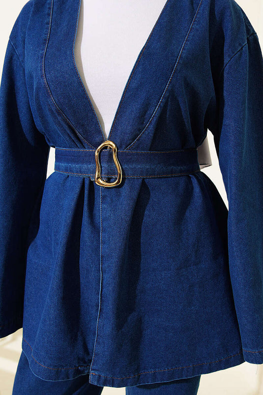 Completo in jeans con cintura fibbia blu