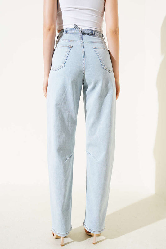 Tokalı Pensli Baggy Kot Pantolon Kar Açık